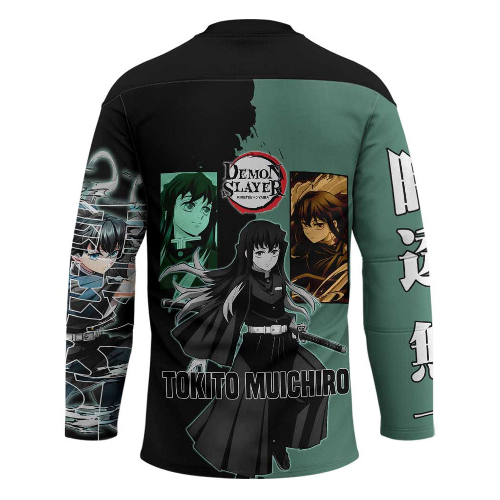 Muichiro Tokito from Demon Slayer Hockey Jersey with Green and Black Mist Background and Dual Character Manga Style Design - The Mazicc