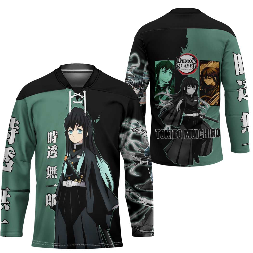 Muichiro Tokito from Demon Slayer Hockey Jersey with Green and Black Mist Background and Dual Character Manga Style Design - The Mazicc
