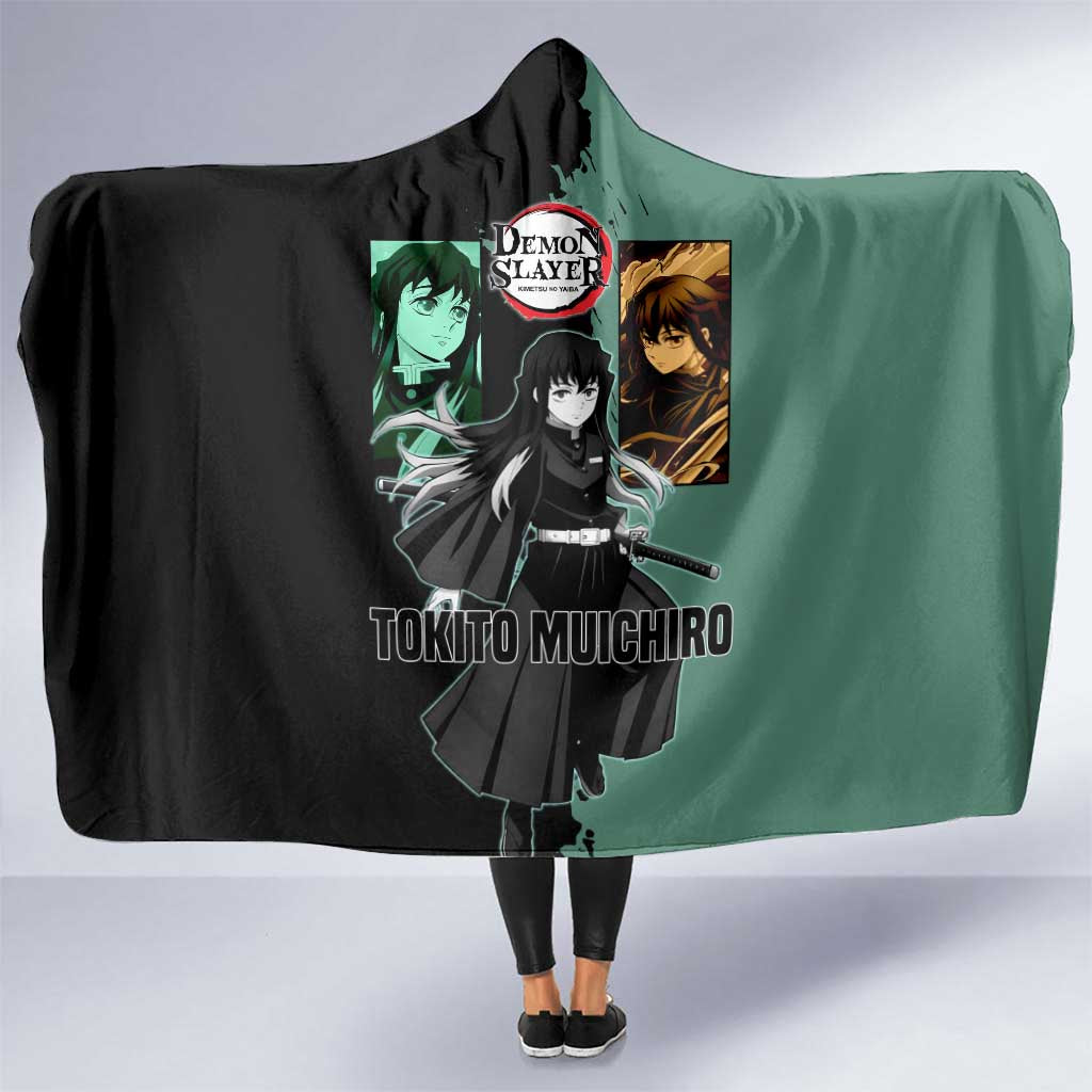 Muichiro Tokito from Demon Slayer Hooded Blanket with Green and Black Mist Background and Dual Character Manga Style Design - The Mazicc