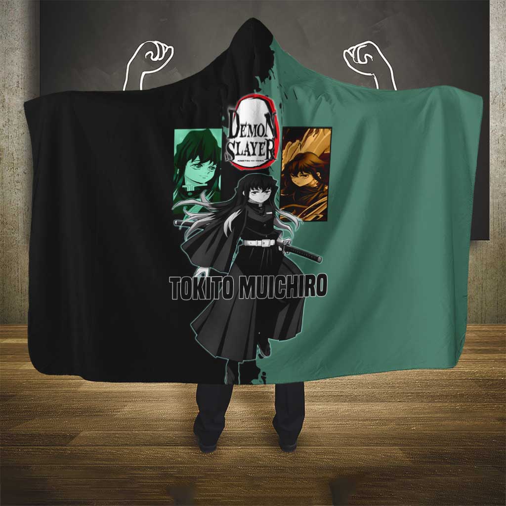 Muichiro Tokito from Demon Slayer Hooded Blanket with Green and Black Mist Background and Dual Character Manga Style Design - The Mazicc