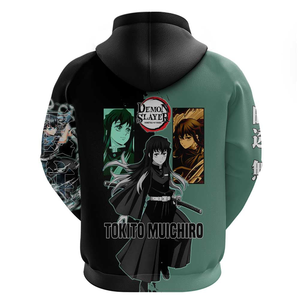 Muichiro Tokito from Demon Slayer Hoodie with Green and Black Mist Background and Dual Character Manga Style Design - The Mazicc