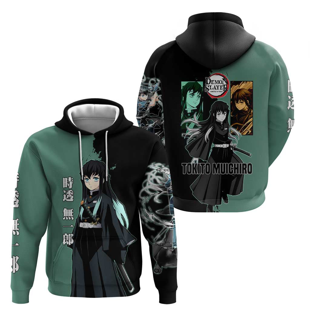 Muichiro Tokito from Demon Slayer Hoodie with Green and Black Mist Background and Dual Character Manga Style Design - The Mazicc