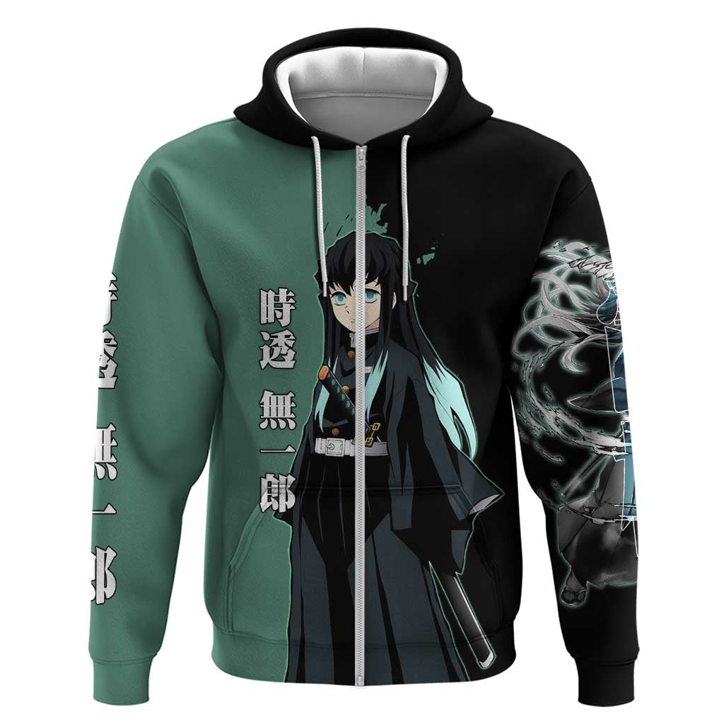 Muichiro Tokito from Demon Slayer Hoodie with Green and Black Mist Background and Dual Character Manga Style Design - The Mazicc