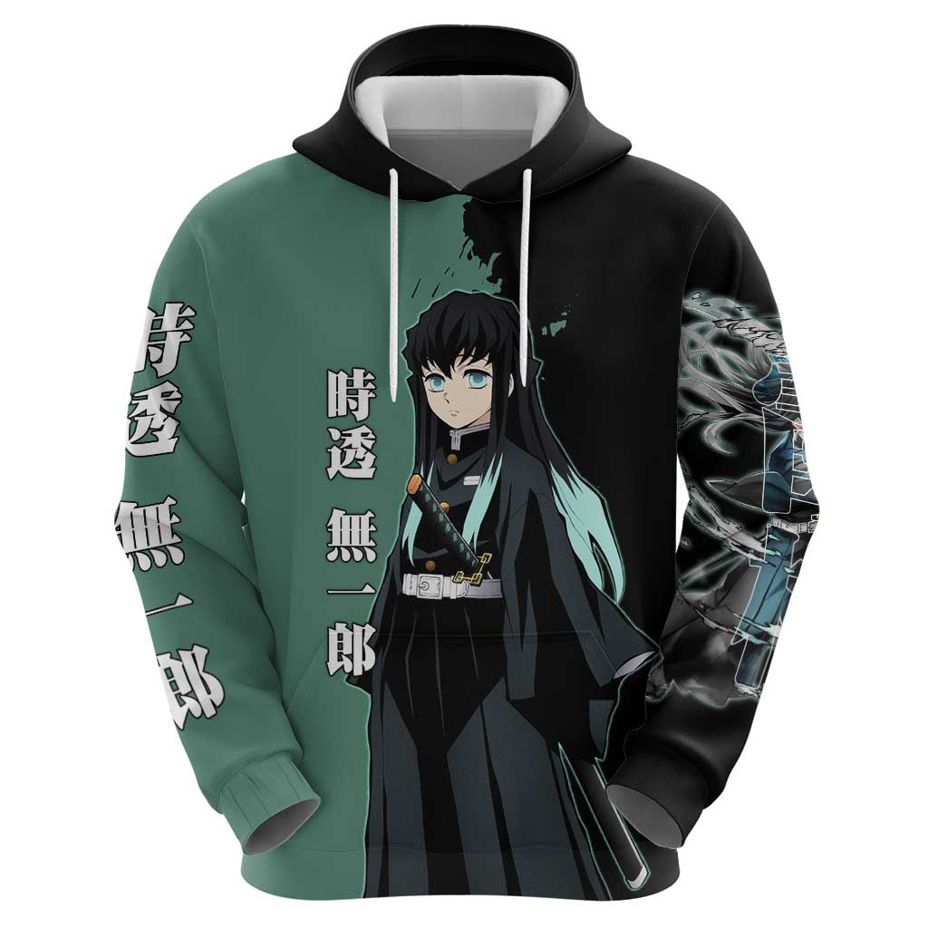 Muichiro Tokito from Demon Slayer Hoodie with Green and Black Mist Background and Dual Character Manga Style Design - The Mazicc
