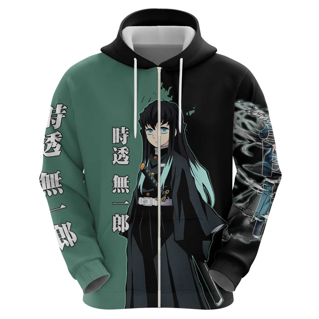 Muichiro Tokito from Demon Slayer Hoodie with Green and Black Mist Background and Dual Character Manga Style Design - The Mazicc