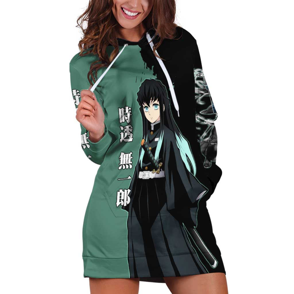 Muichiro Tokito from Demon Slayer Hoodie Dress with Green and Black Mist Background and Dual Character Manga Style Design - The Mazicc