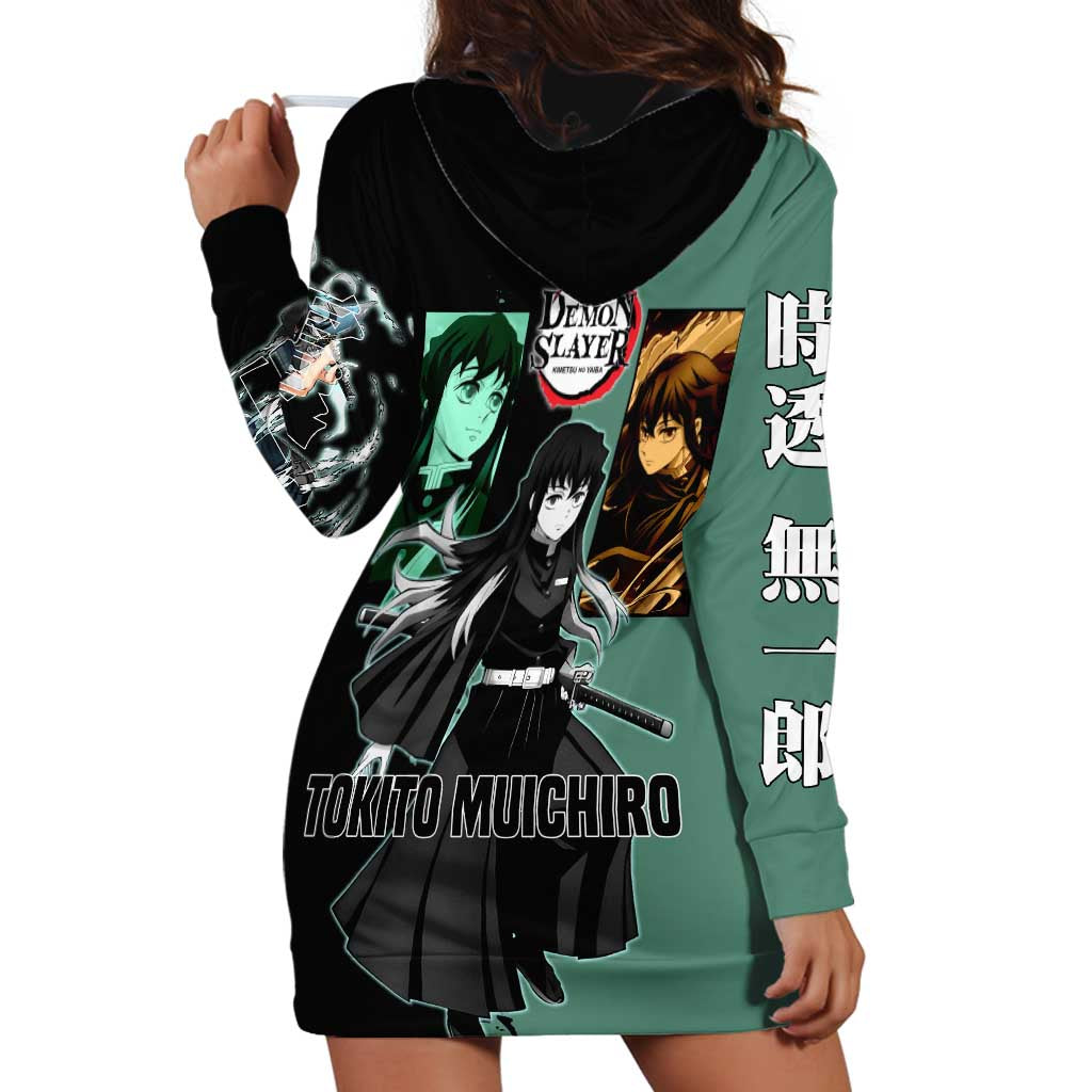 Muichiro Tokito from Demon Slayer Hoodie Dress with Green and Black Mist Background and Dual Character Manga Style Design - The Mazicc