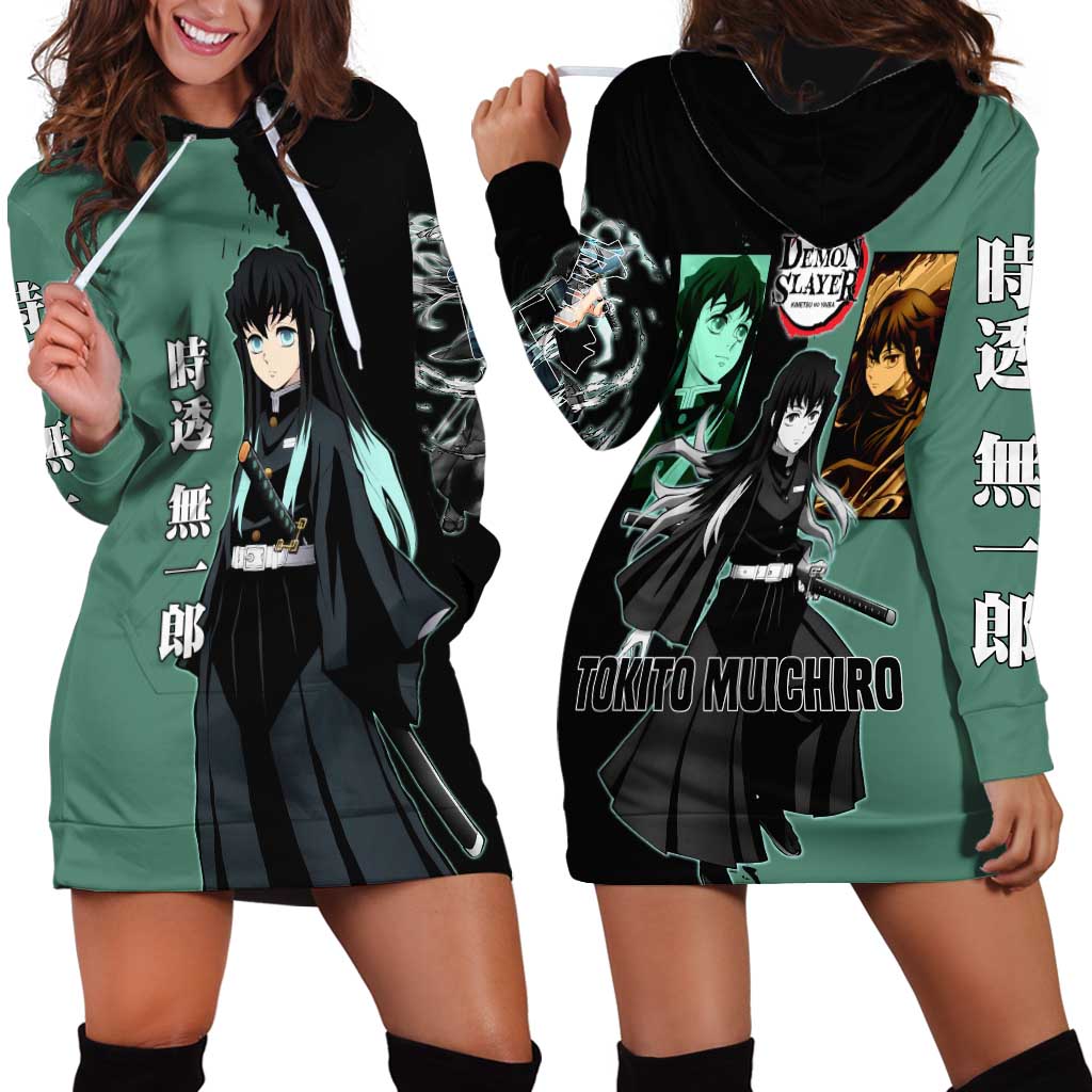 Muichiro Tokito from Demon Slayer Hoodie Dress with Green and Black Mist Background and Dual Character Manga Style Design - The Mazicc
