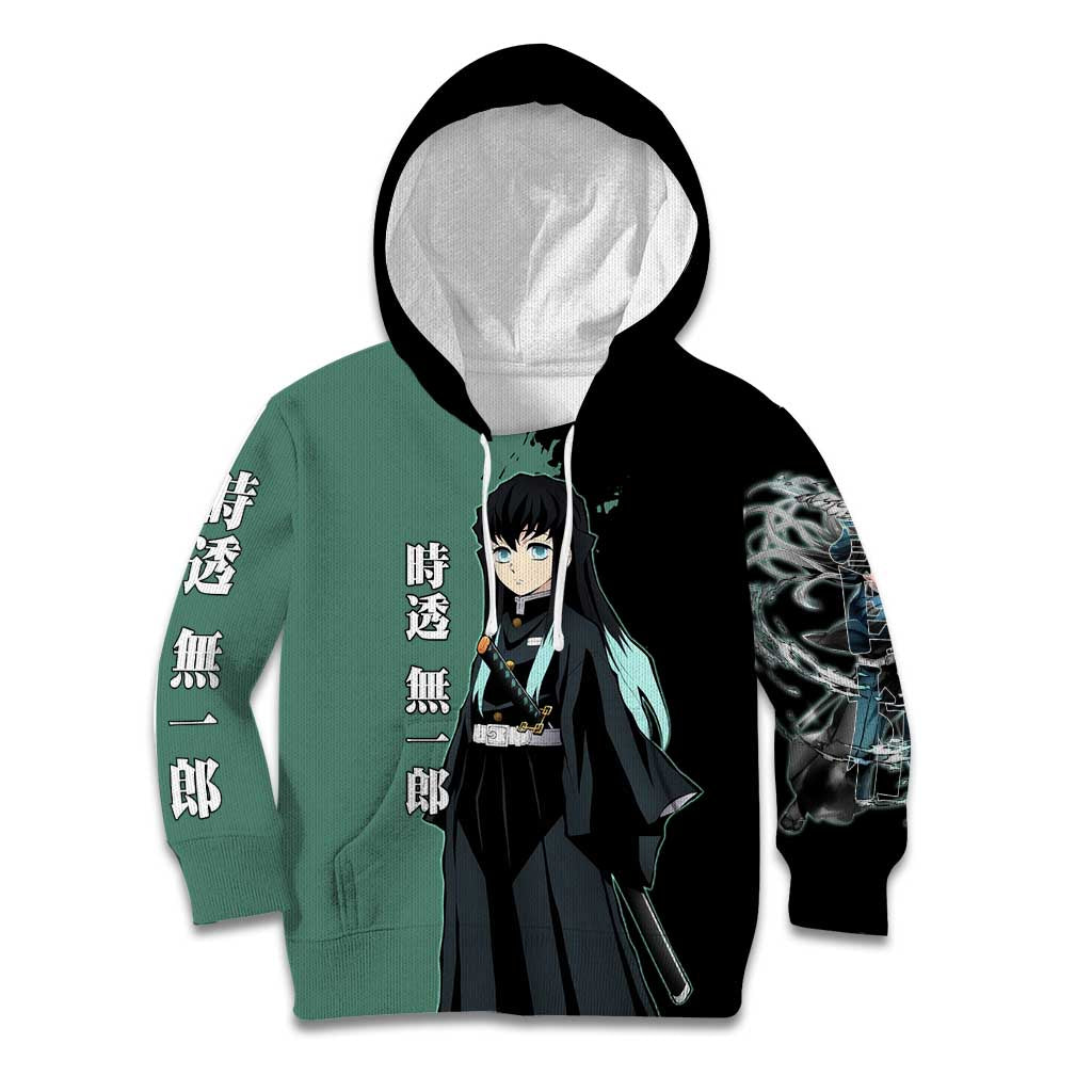 Muichiro Tokito from Demon Slayer Kid Hoodie with Green and Black Mist Background and Dual Character Manga Style Design - The Mazicc