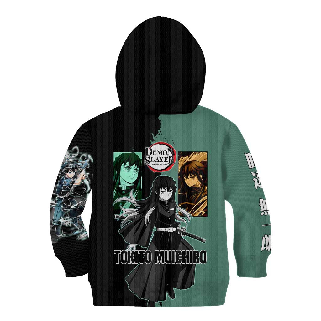Muichiro Tokito from Demon Slayer Kid Hoodie with Green and Black Mist Background and Dual Character Manga Style Design - The Mazicc