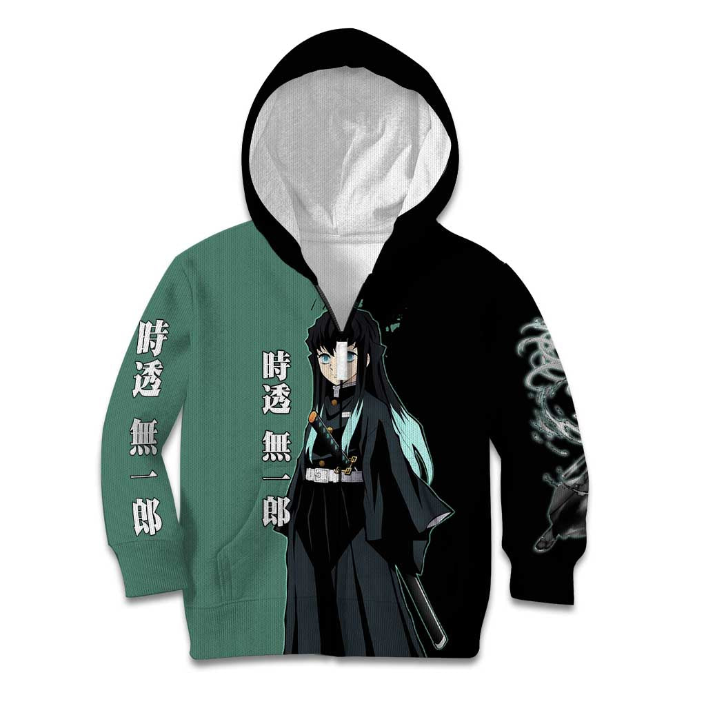 Muichiro Tokito from Demon Slayer Kid Hoodie with Green and Black Mist Background and Dual Character Manga Style Design - The Mazicc