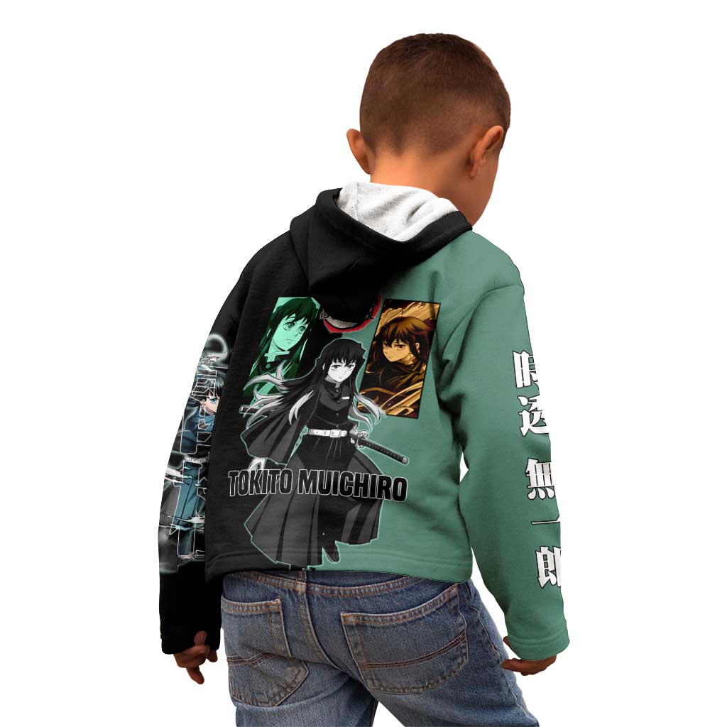 Muichiro Tokito from Demon Slayer Kid Hoodie with Green and Black Mist Background and Dual Character Manga Style Design - The Mazicc