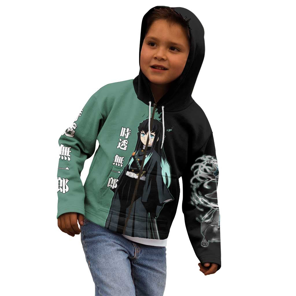 Muichiro Tokito from Demon Slayer Kid Hoodie with Green and Black Mist Background and Dual Character Manga Style Design - The Mazicc