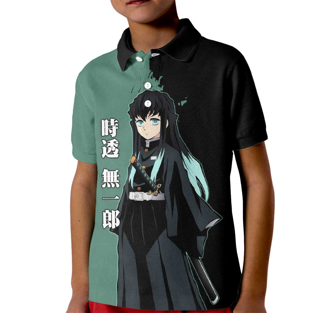Muichiro Tokito from Demon Slayer Kid Polo Shirt with Green and Black Mist Background and Dual Character Manga Style Design - The Mazicc