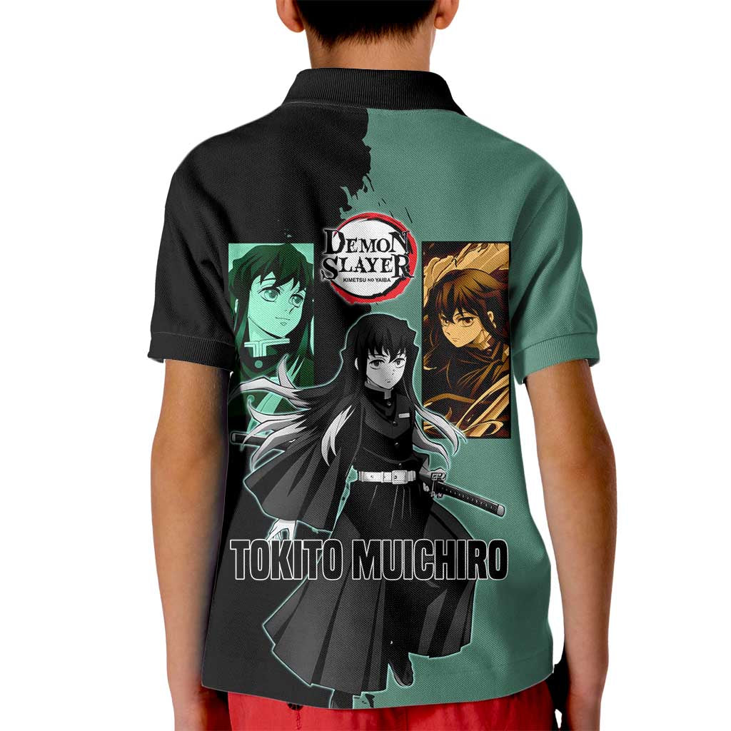 Muichiro Tokito from Demon Slayer Kid Polo Shirt with Green and Black Mist Background and Dual Character Manga Style Design - The Mazicc