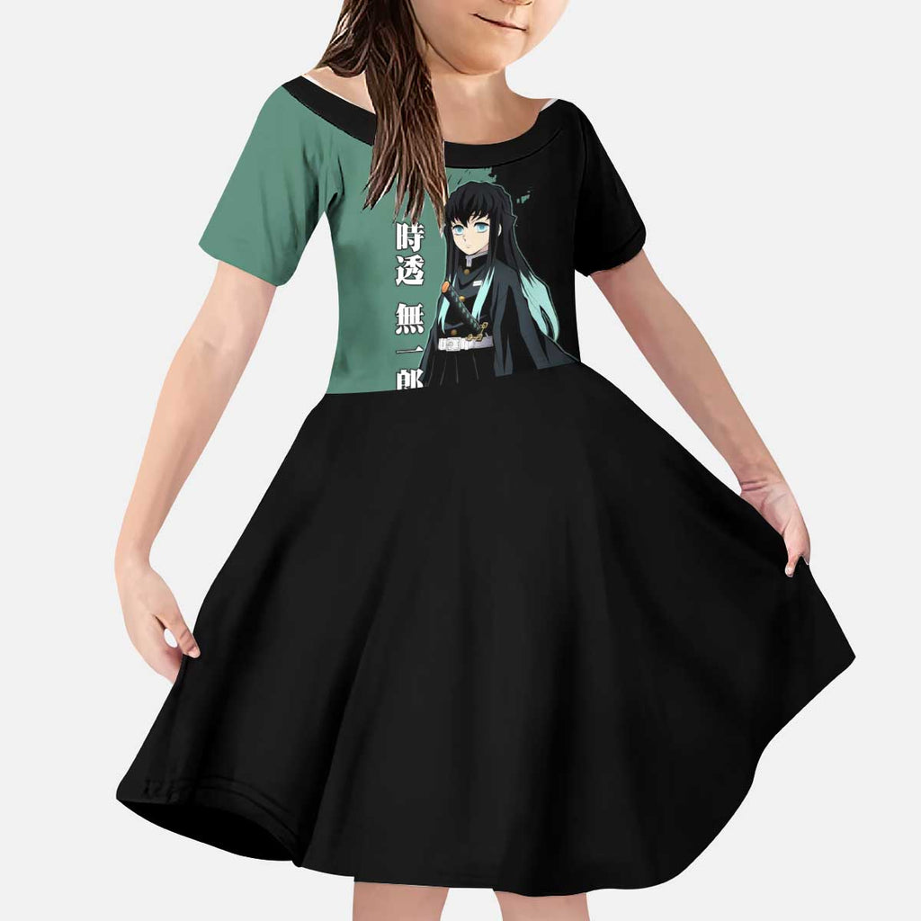 Muichiro Tokito from Demon Slayer Kid Short Sleeve Dress with Green and Black Mist Background and Dual Character Manga Style Design - The Mazicc