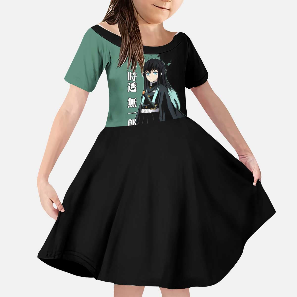 Muichiro Tokito from Demon Slayer Kid Short Sleeve Dress with Green and Black Mist Background and Dual Character Manga Style Design - The Mazicc