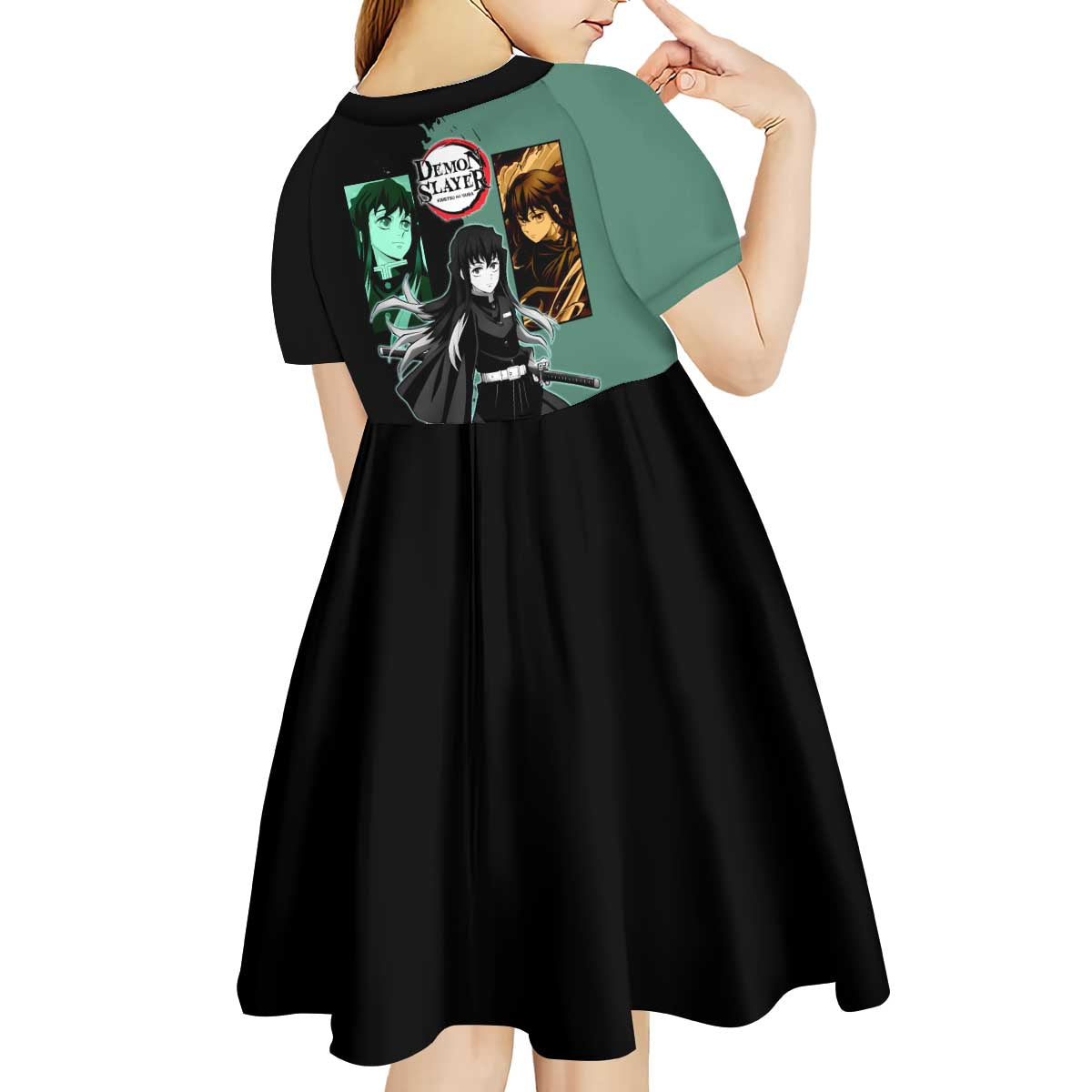 Muichiro Tokito from Demon Slayer Kid Short Sleeve Dress with Green and Black Mist Background and Dual Character Manga Style Design - The Mazicc