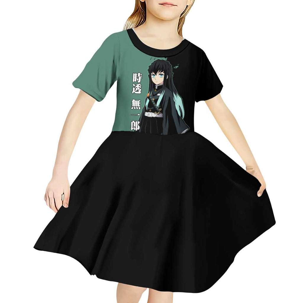 Muichiro Tokito from Demon Slayer Kid Short Sleeve Dress with Green and Black Mist Background and Dual Character Manga Style Design - The Mazicc