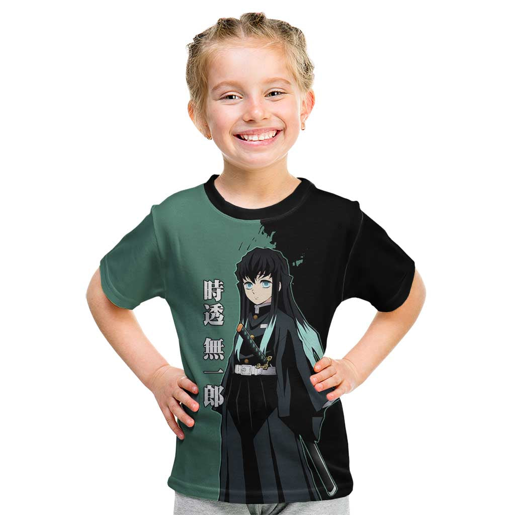 Muichiro Tokito from Demon Slayer Kid T Shirt with Green and Black Mist Background and Dual Character Manga Style Design - The Mazicc