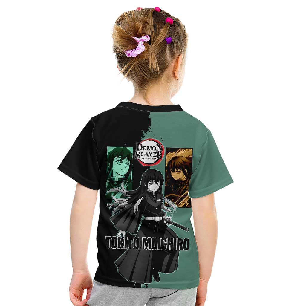 Muichiro Tokito from Demon Slayer Kid T Shirt with Green and Black Mist Background and Dual Character Manga Style Design - The Mazicc