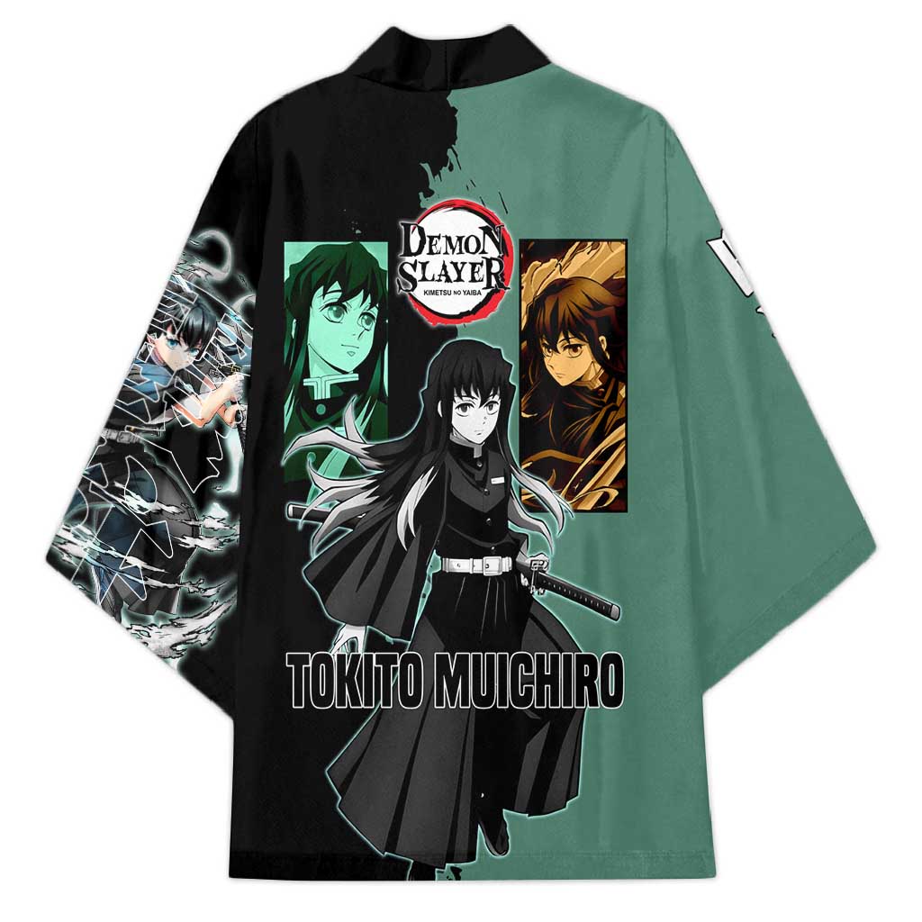 Muichiro Tokito from Demon Slayer Kimono with Green and Black Mist Background and Dual Character Manga Style Design - The Mazicc