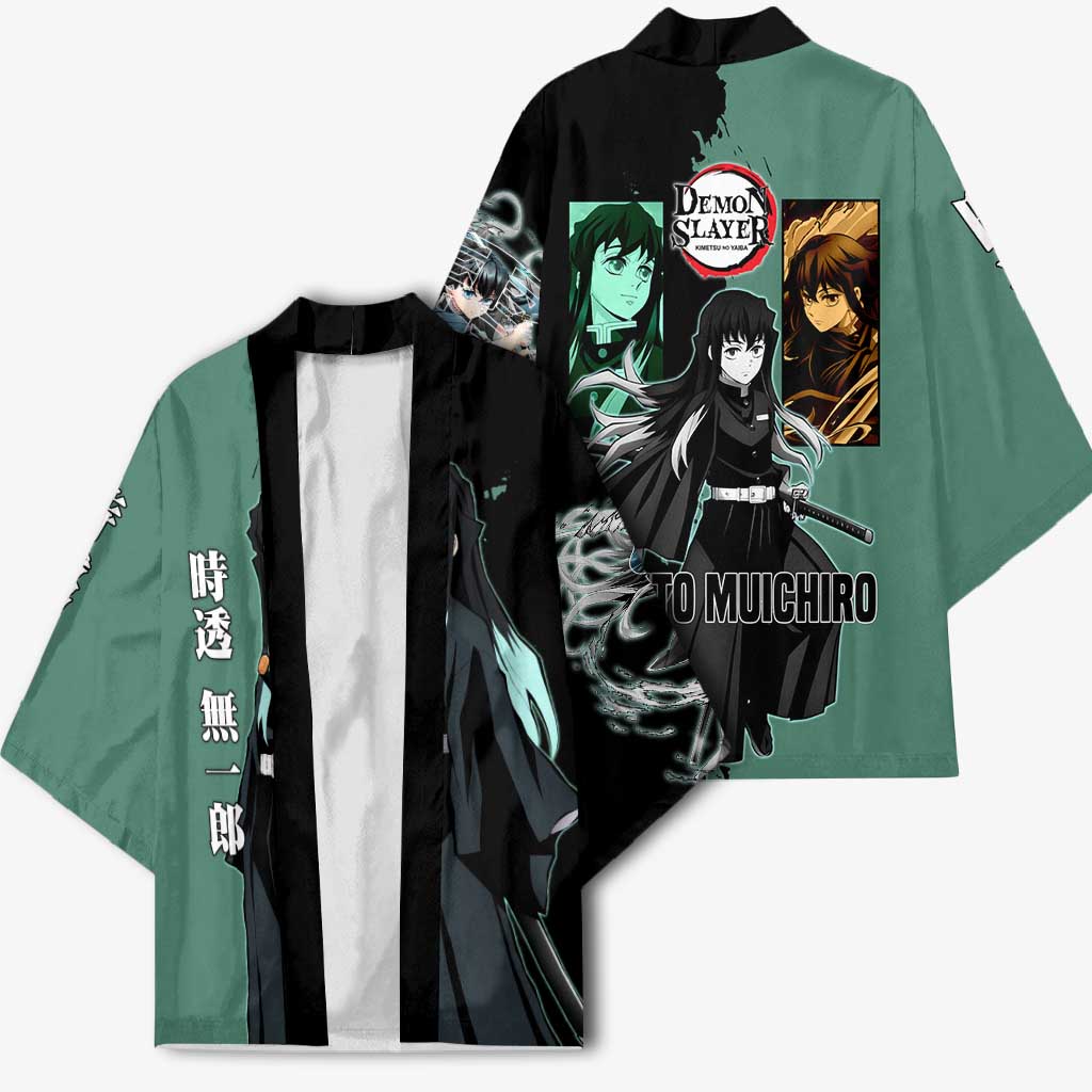Muichiro Tokito from Demon Slayer Kimono with Green and Black Mist Background and Dual Character Manga Style Design - The Mazicc