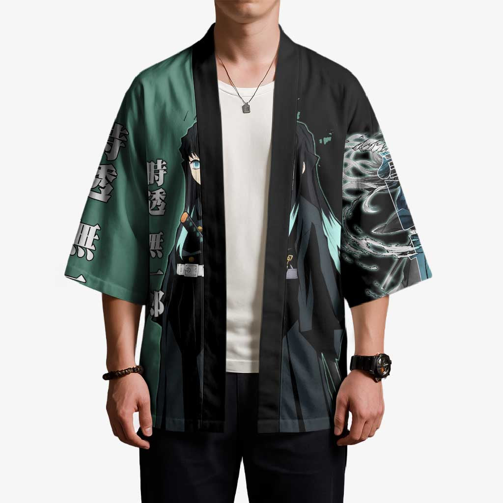 Muichiro Tokito from Demon Slayer Kimono with Green and Black Mist Background and Dual Character Manga Style Design - The Mazicc