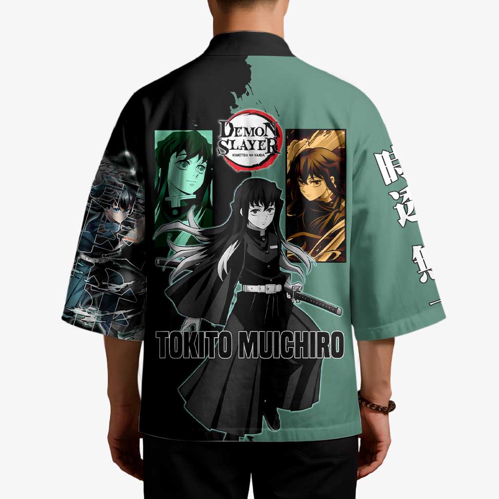 Muichiro Tokito from Demon Slayer Kimono with Green and Black Mist Background and Dual Character Manga Style Design - The Mazicc