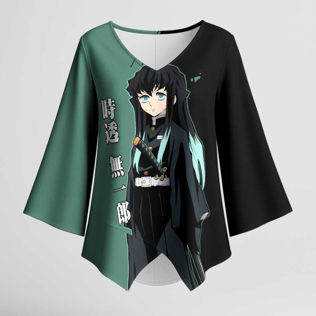 Muichiro Tokito from Demon Slayer Kimono Sleeve Blouse with Green and Black Mist Background and Dual Character Manga Style Design - The Mazicc