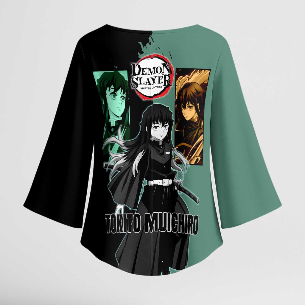 Muichiro Tokito from Demon Slayer Kimono Sleeve Blouse with Green and Black Mist Background and Dual Character Manga Style Design - The Mazicc