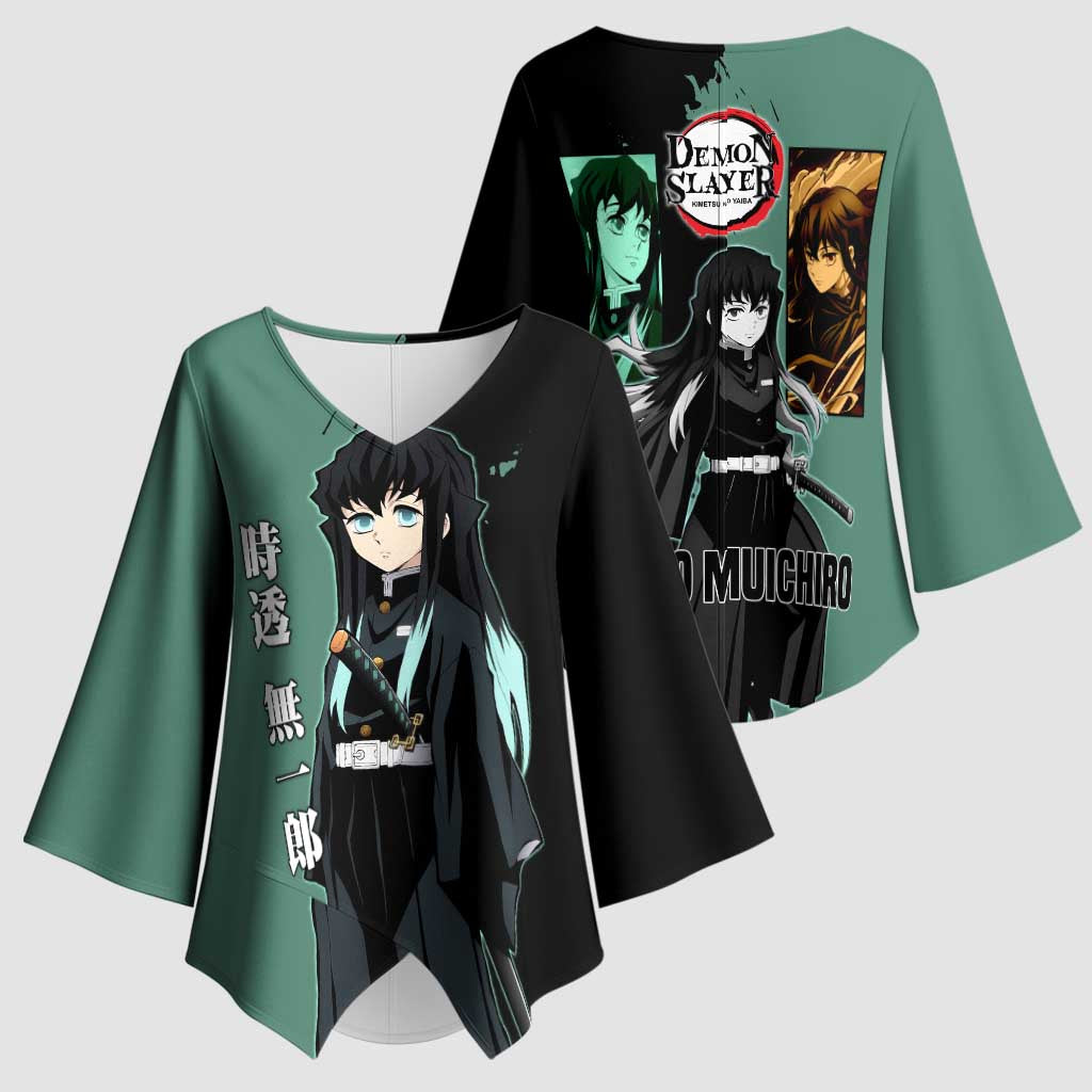 Muichiro Tokito from Demon Slayer Kimono Sleeve Blouse with Green and Black Mist Background and Dual Character Manga Style Design - The Mazicc