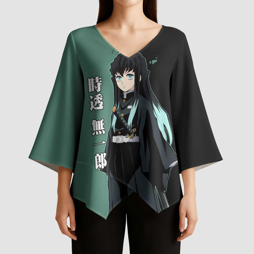 Muichiro Tokito from Demon Slayer Kimono Sleeve Blouse with Green and Black Mist Background and Dual Character Manga Style Design - The Mazicc