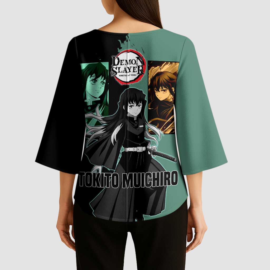 Muichiro Tokito from Demon Slayer Kimono Sleeve Blouse with Green and Black Mist Background and Dual Character Manga Style Design - The Mazicc