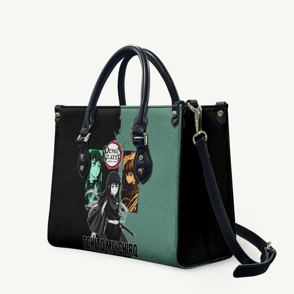Muichiro Tokito from Demon Slayer Leather Bag with Green and Black Mist Background and Dual Character Manga Style Design - The Mazicc