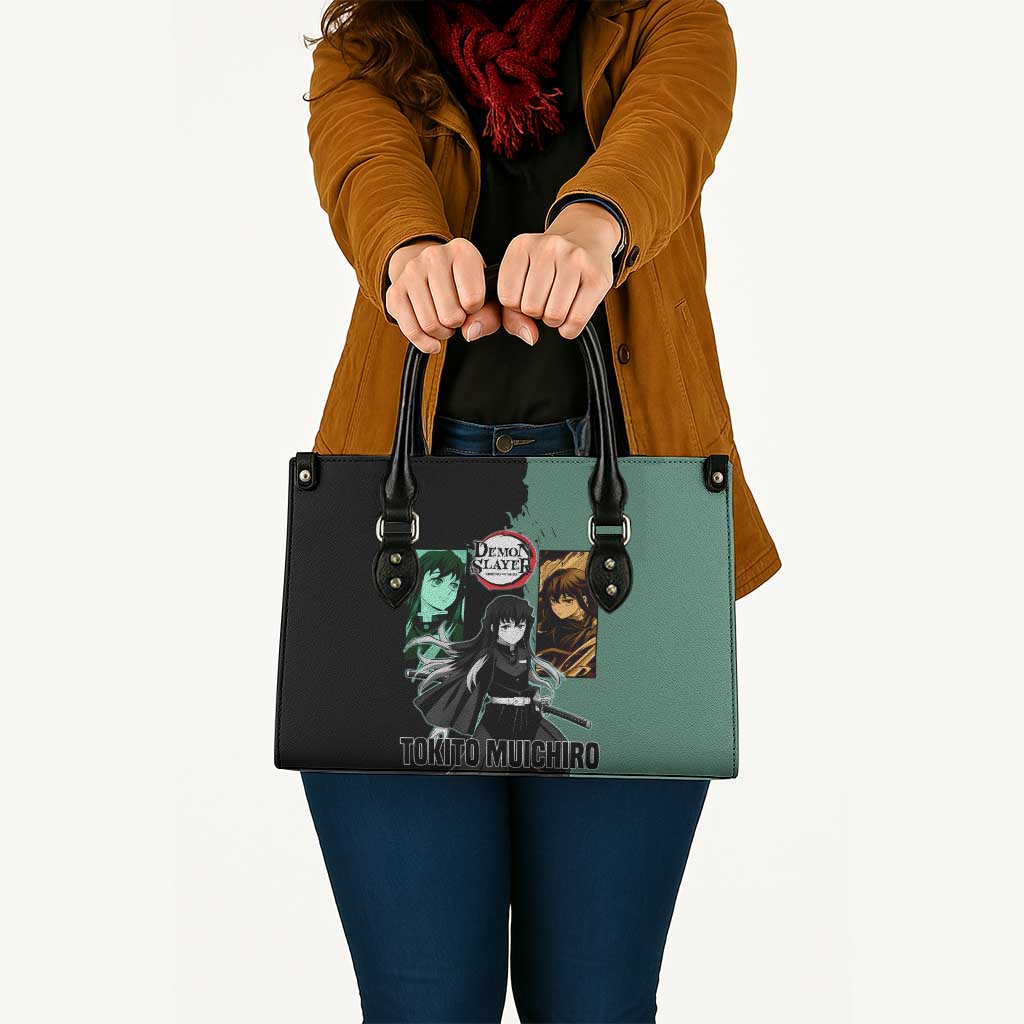 Muichiro Tokito from Demon Slayer Leather Bag with Green and Black Mist Background and Dual Character Manga Style Design - The Mazicc