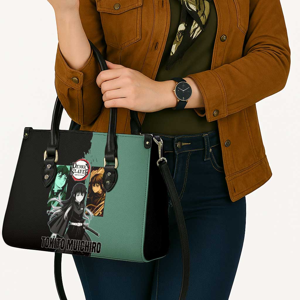 Muichiro Tokito from Demon Slayer Leather Bag with Green and Black Mist Background and Dual Character Manga Style Design - The Mazicc