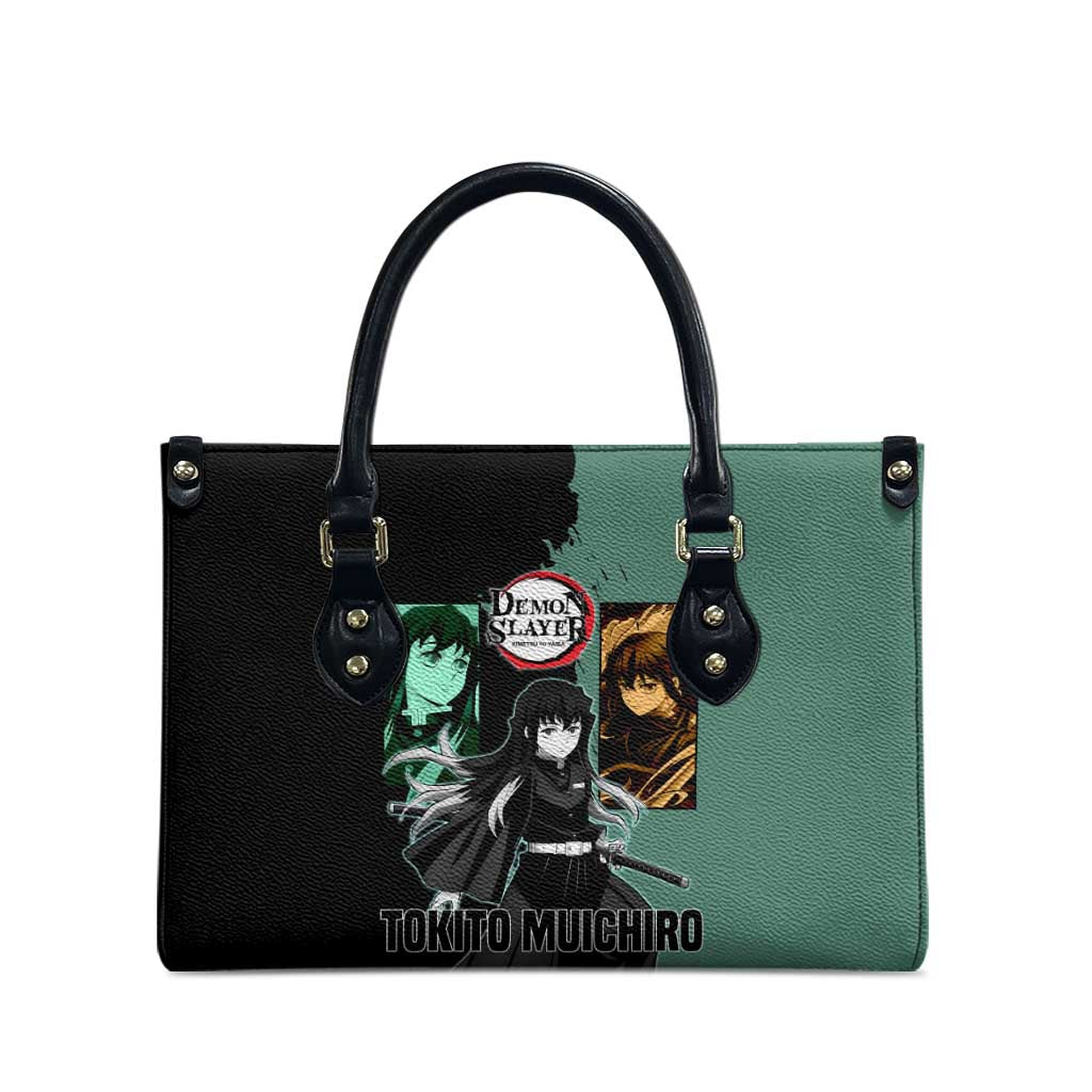 Muichiro Tokito from Demon Slayer Leather Bag with Green and Black Mist Background and Dual Character Manga Style Design - The Mazicc