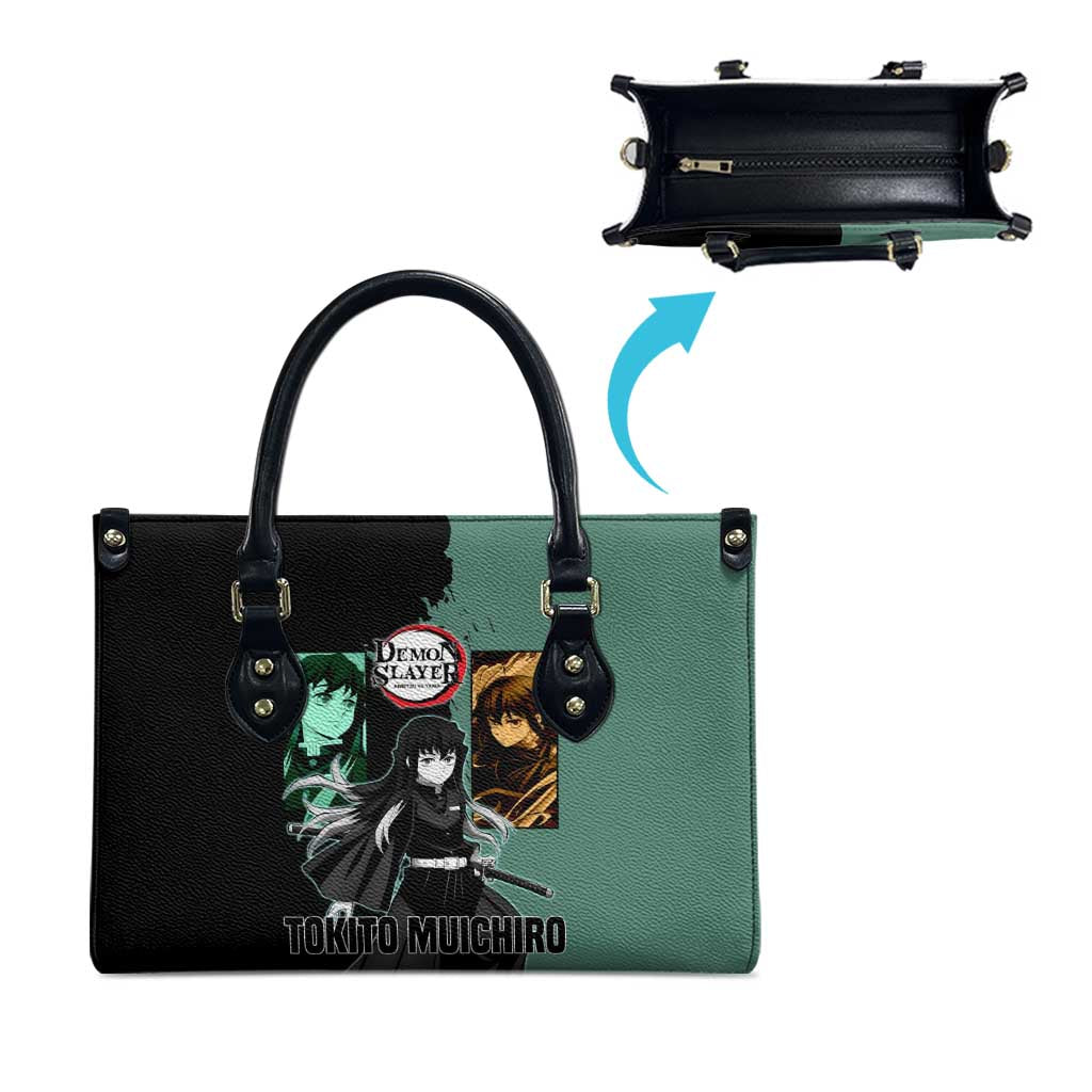 Muichiro Tokito from Demon Slayer Leather Bag with Green and Black Mist Background and Dual Character Manga Style Design - The Mazicc