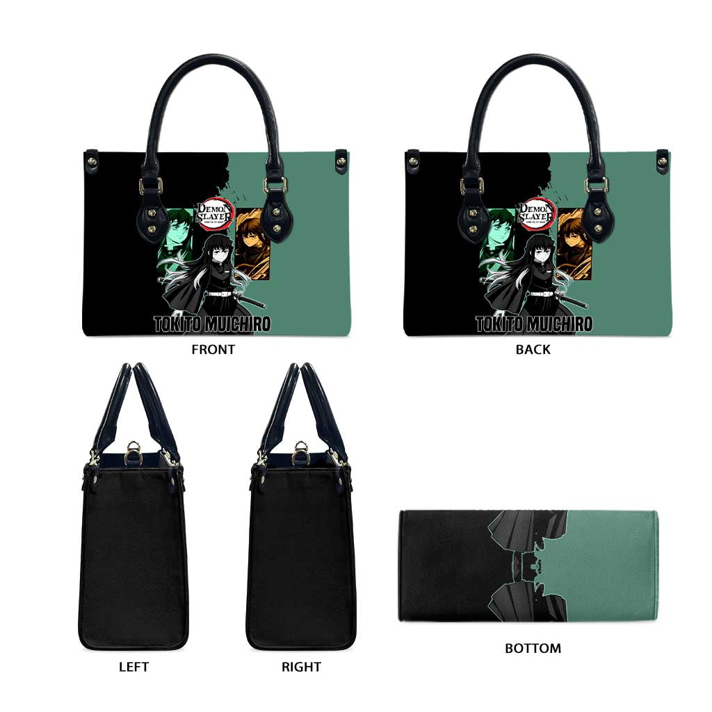Muichiro Tokito from Demon Slayer Leather Bag with Green and Black Mist Background and Dual Character Manga Style Design - The Mazicc