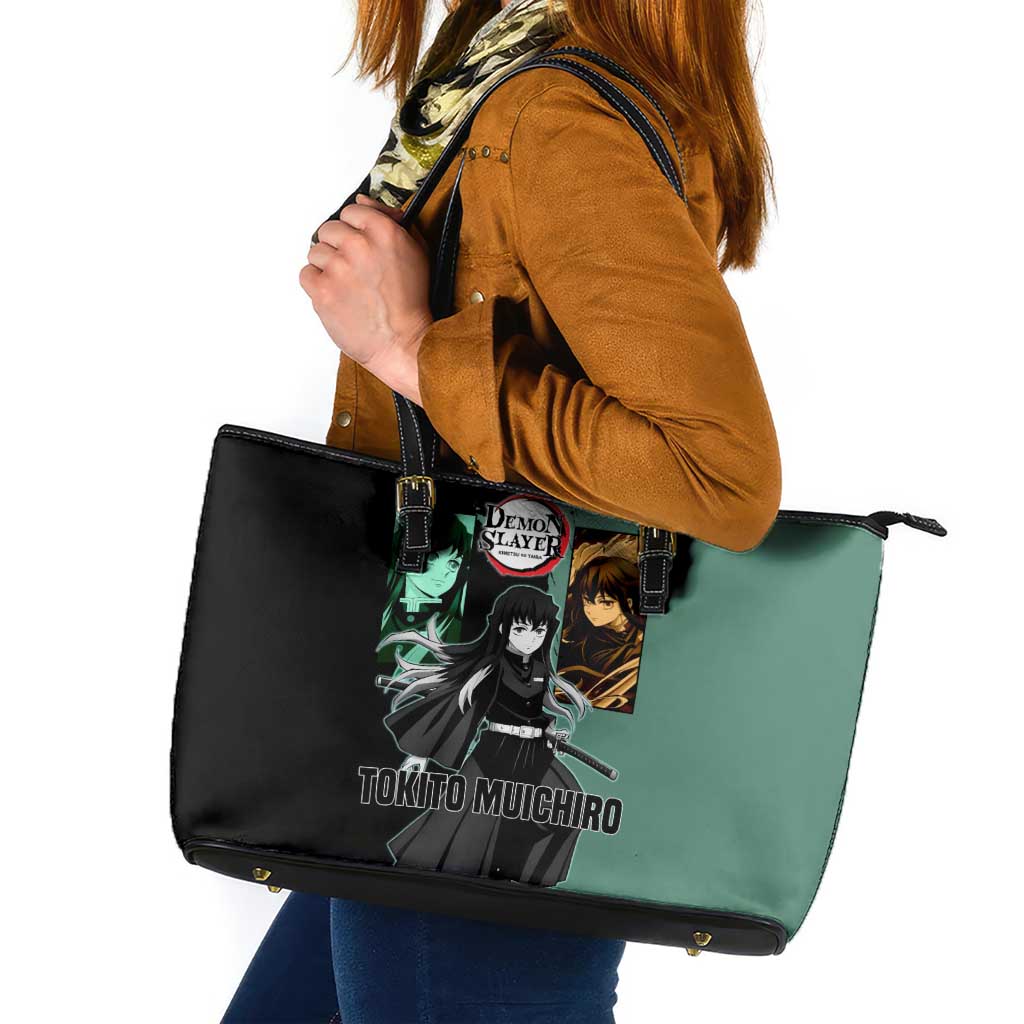 Muichiro Tokito from Demon Slayer Leather Tote Bag with Green and Black Mist Background and Dual Character Manga Style Design - The Mazicc