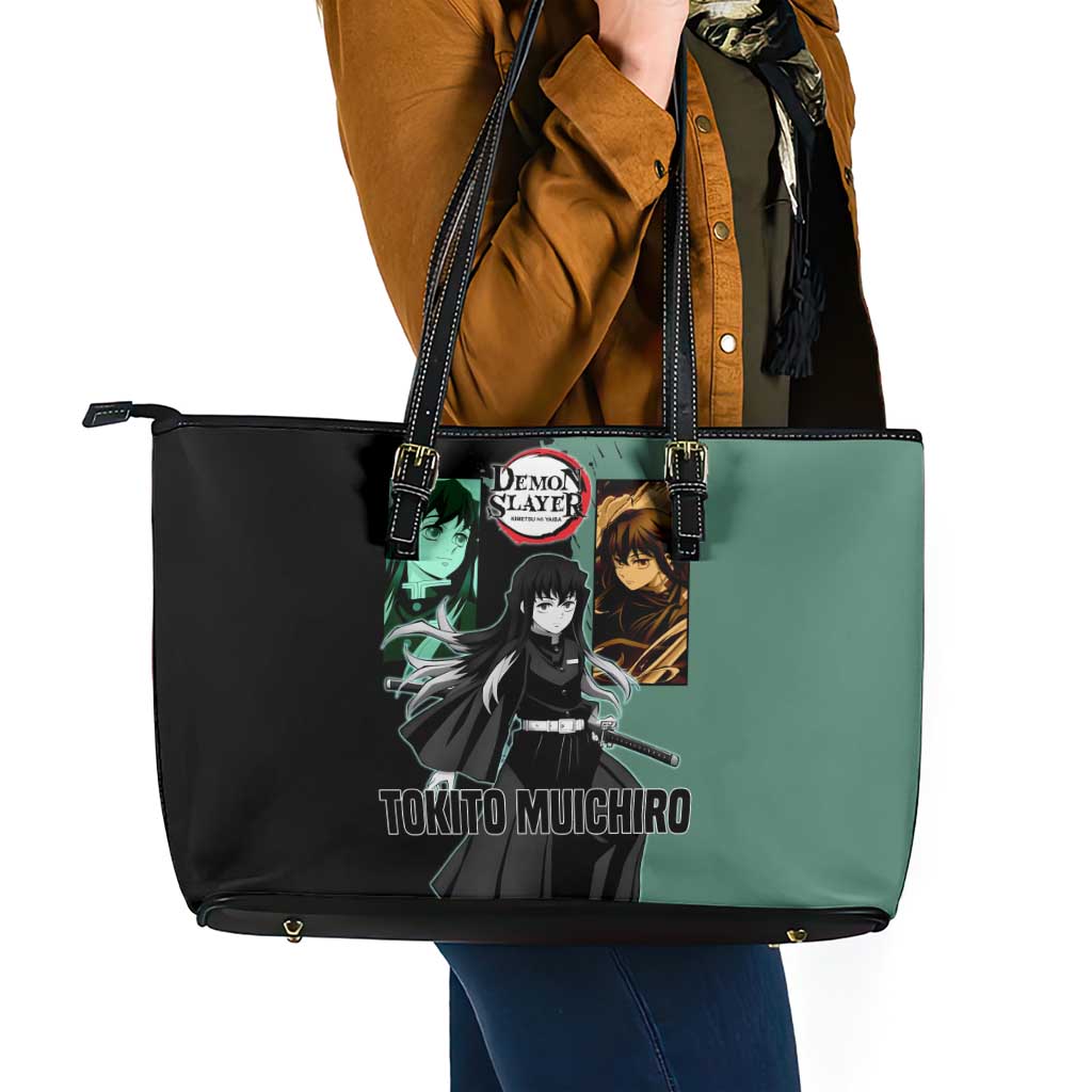 Muichiro Tokito from Demon Slayer Leather Tote Bag with Green and Black Mist Background and Dual Character Manga Style Design - The Mazicc