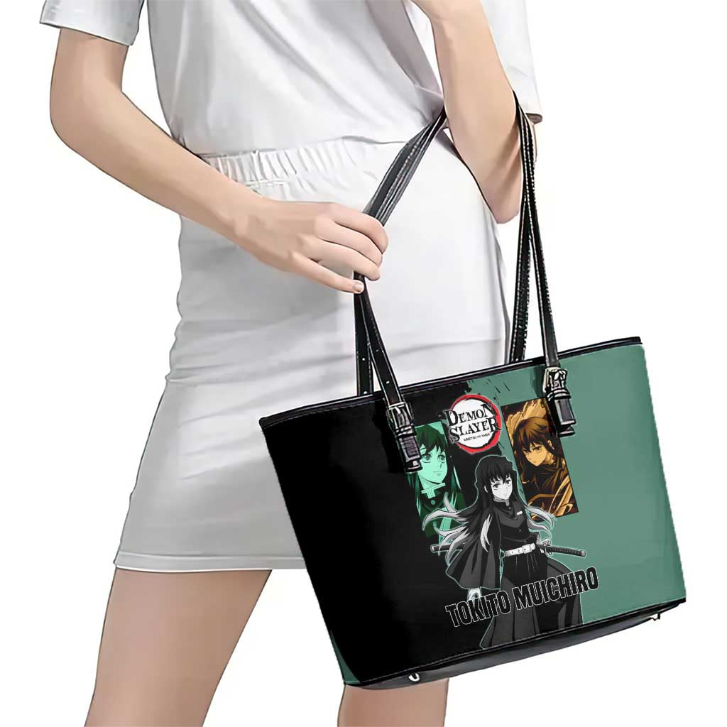 Muichiro Tokito from Demon Slayer Leather Tote Bag with Green and Black Mist Background and Dual Character Manga Style Design - The Mazicc