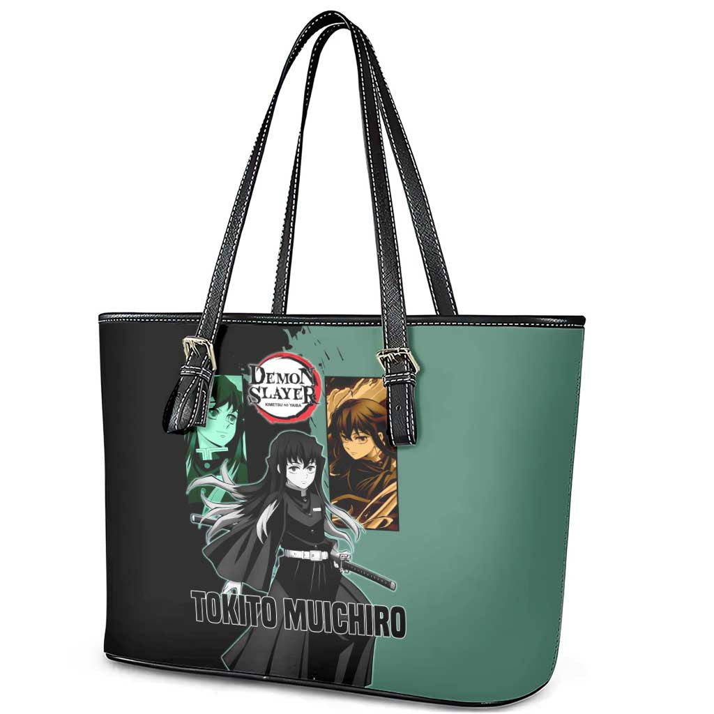 Muichiro Tokito from Demon Slayer Leather Tote Bag with Green and Black Mist Background and Dual Character Manga Style Design - The Mazicc