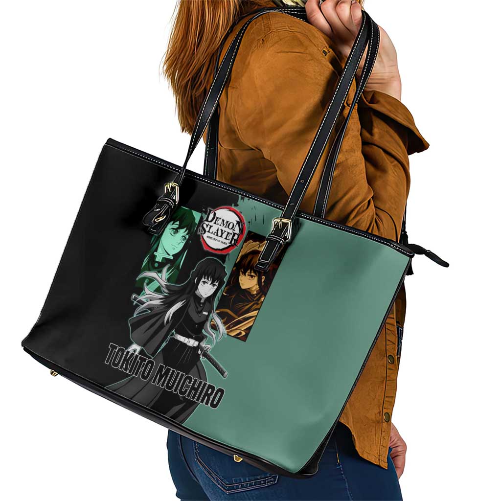 Muichiro Tokito from Demon Slayer Leather Tote Bag with Green and Black Mist Background and Dual Character Manga Style Design - The Mazicc