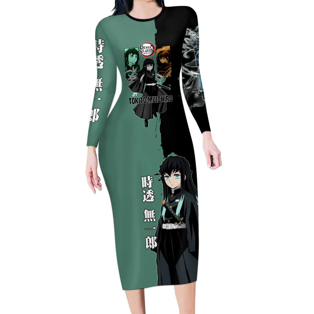 Muichiro Tokito from Demon Slayer Long Sleeve Bodycon Dress with Green and Black Mist Background and Dual Character Manga Style Design - The Mazicc