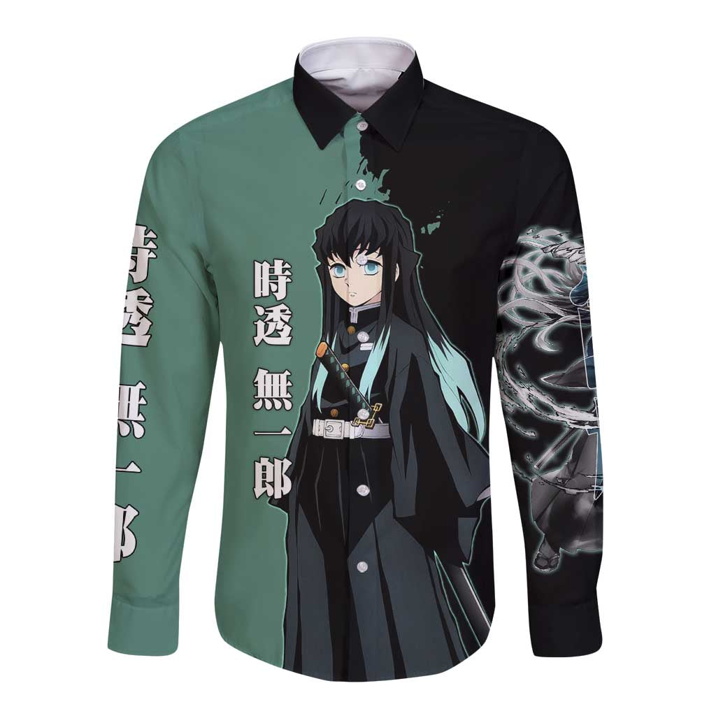 Muichiro Tokito from Demon Slayer Long Sleeve Button Shirt with Green and Black Mist Background and Dual Character Manga Style Design - The Mazicc