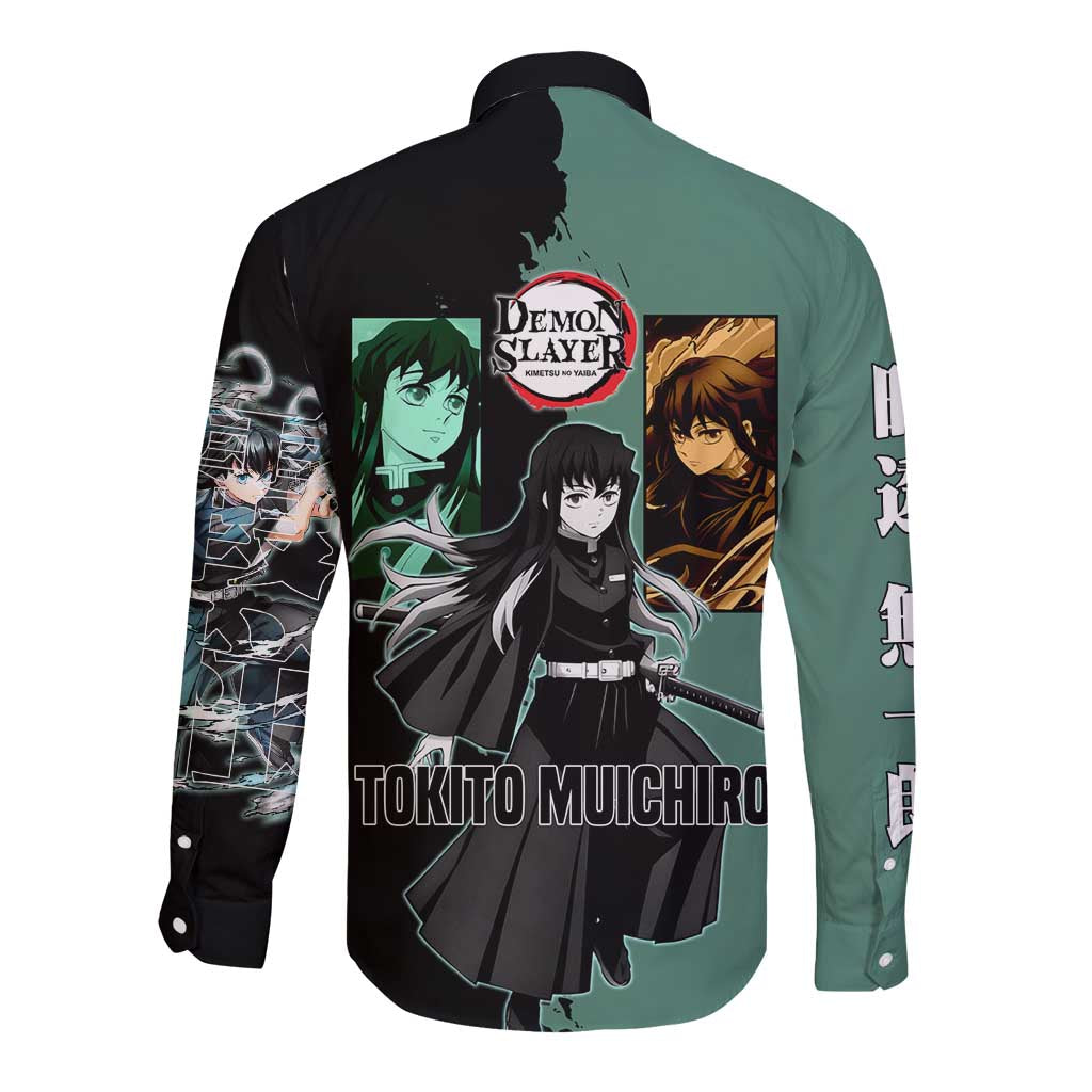 Muichiro Tokito from Demon Slayer Long Sleeve Button Shirt with Green and Black Mist Background and Dual Character Manga Style Design - The Mazicc