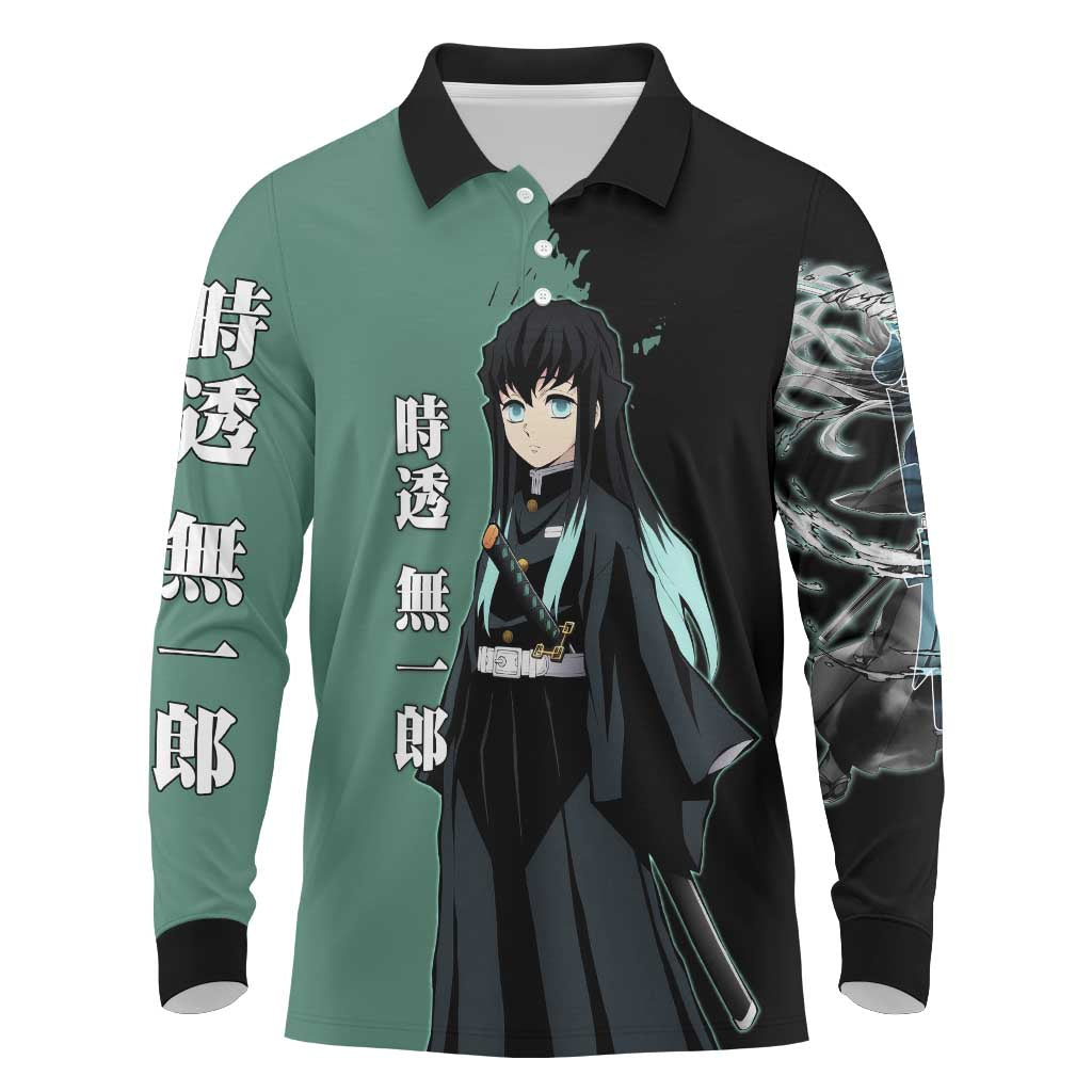 Muichiro Tokito from Demon Slayer Long Sleeve Polo Shirt with Green and Black Mist Background and Dual Character Manga Style Design - The Mazicc