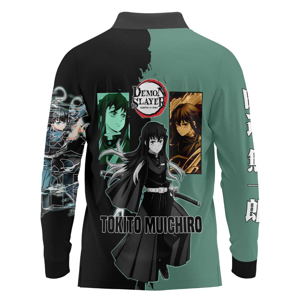 Muichiro Tokito from Demon Slayer Long Sleeve Polo Shirt with Green and Black Mist Background and Dual Character Manga Style Design - The Mazicc